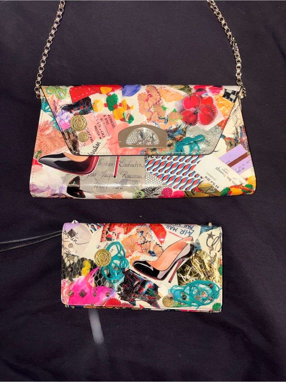 Louboutin Trash Bag Multicolor Graphic Print Women’s Shoulder Bag and Wallet Set